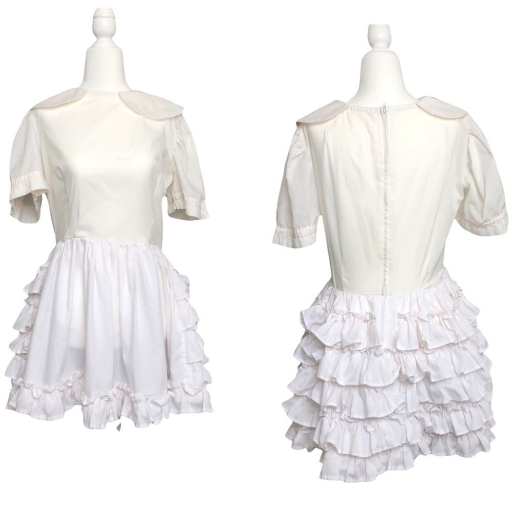 Vintage Cottagecore Off White Ruffle Collared Mini Dress Women’s Size Medium
